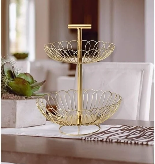 M.F EXPORTS Created two-tiered Gold Decorated fruit basket | Handcrafted Wood and wire Multipurpose Basket . - Gold Plated, Metal, Pack of1